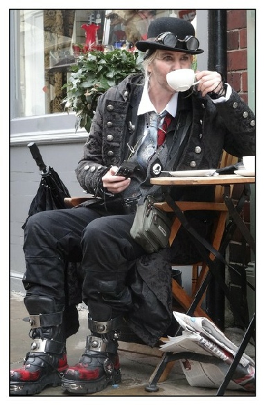 Goth drinking tea at Whitby